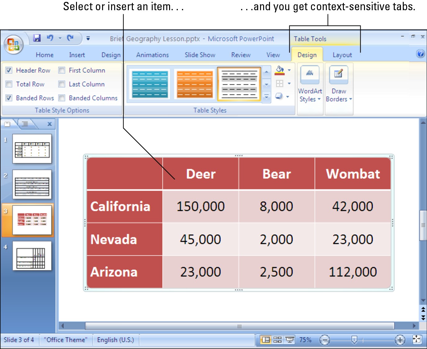 Figure 3-4: After you insert or select an item, context-sensitive tabs appear on the Ribbon.